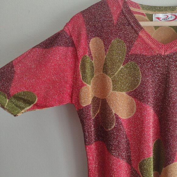 Vintage 90s Maierte Metallic Floral Top M Psychedelic Baby Tee Y2K - Picture 6 of 9